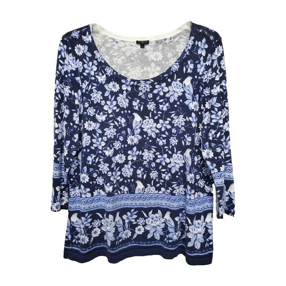 Talbots Plus Cotton Blend Floral Bird Toile Print Scoop Neck Sweater Tunic 1X - Picture 1 of 6